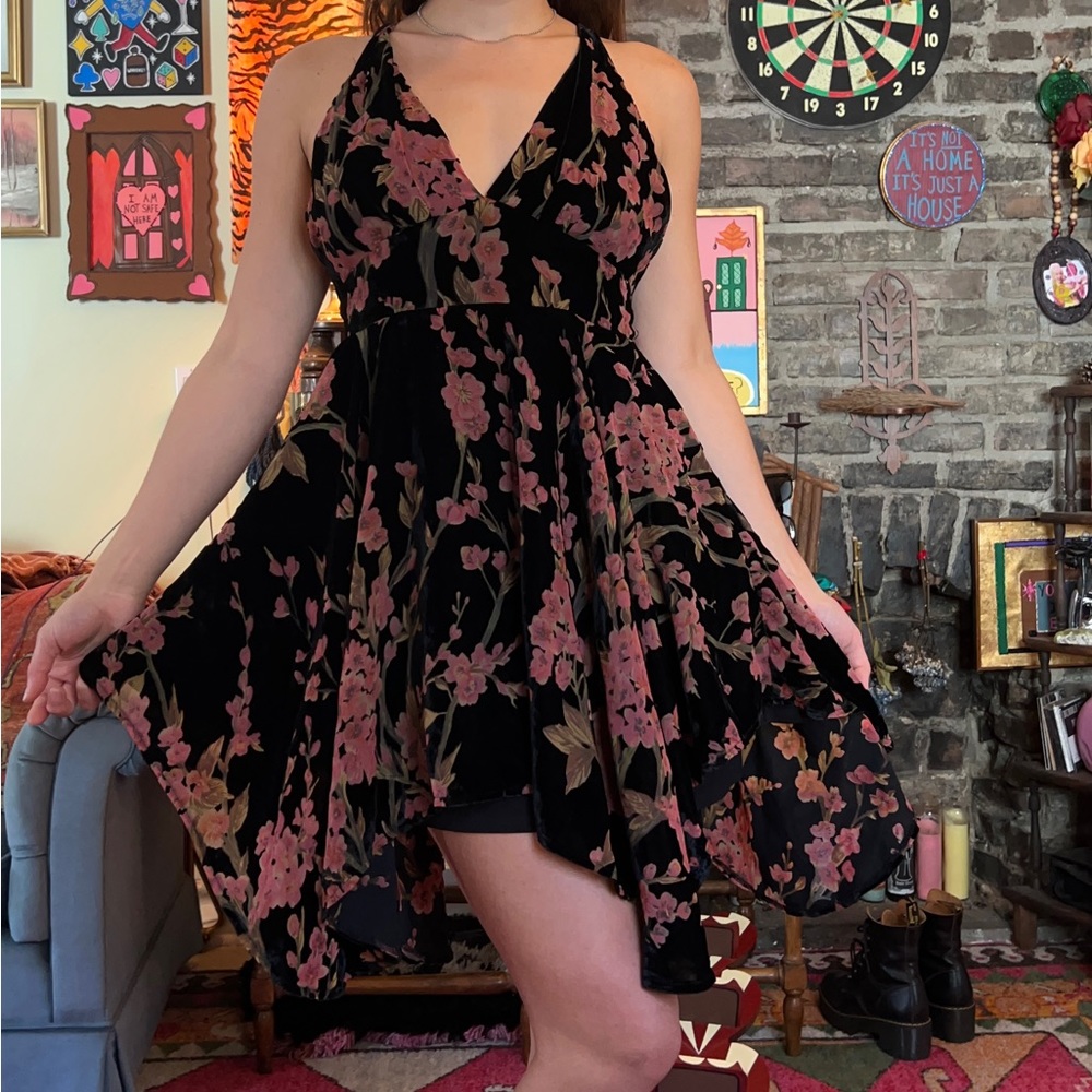 Current Mood Take To The Sky Dress handkerchief hem fairy velvet floral dress